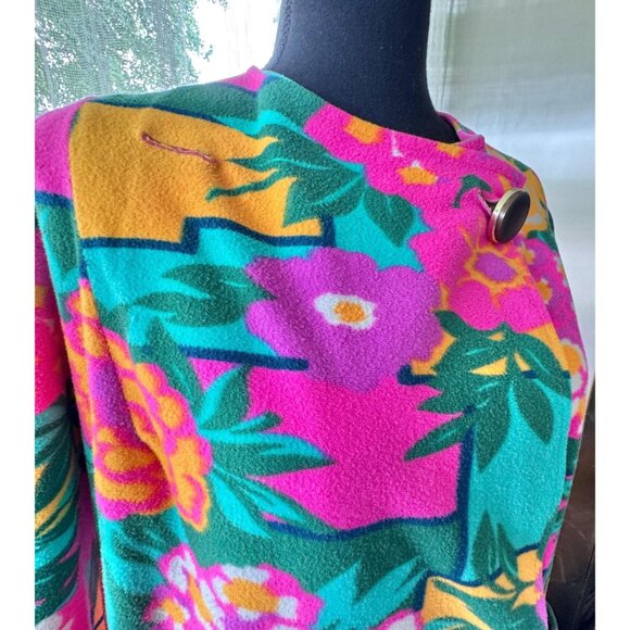 Vintage 1980s robe, teal, hot pink, yellow, green, bold floral geometric fleece - Picture 8 of 10